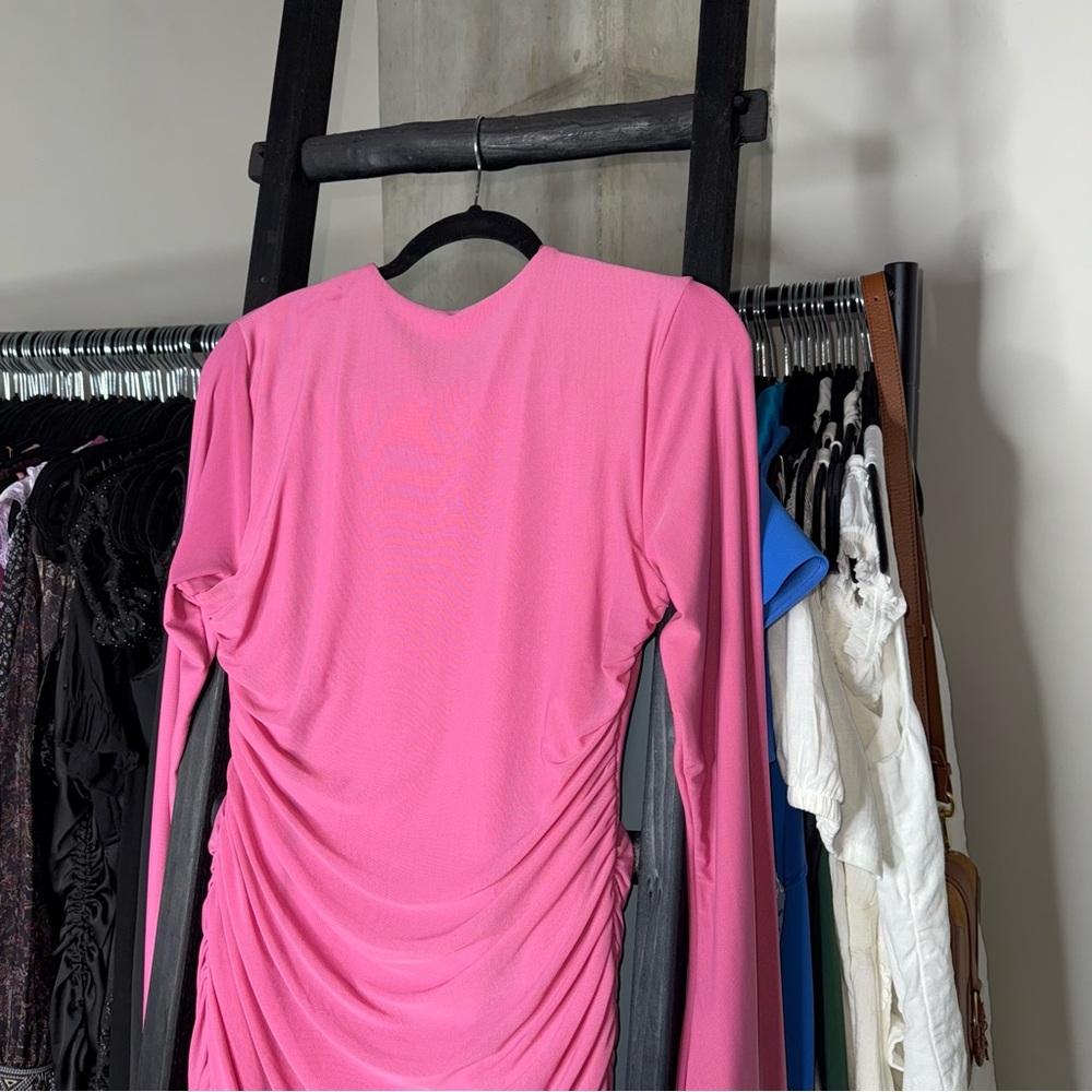 Oh Polly Ruched Cutout Embellished Long Sleeve Bodycon Mini Dress in Hot Pink - Picture 10 of 13